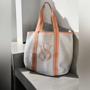 Victoria's Secret White Mesh Tote with Peach Stripes